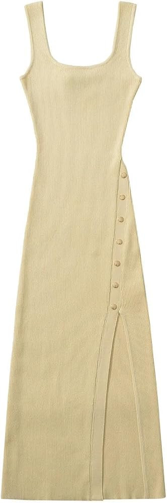 Women Tank Sleeveless Knitted Dress Summer Split Buttons Elastic Slim Midi Dresses | Amazon (US)