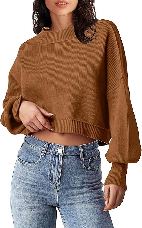 MEROKEETY Women's Crewneck Cropped Sweater 2023 Fall Batwing Sleeve Oversized Side Slit Ribbed Kn... | Amazon (US)
