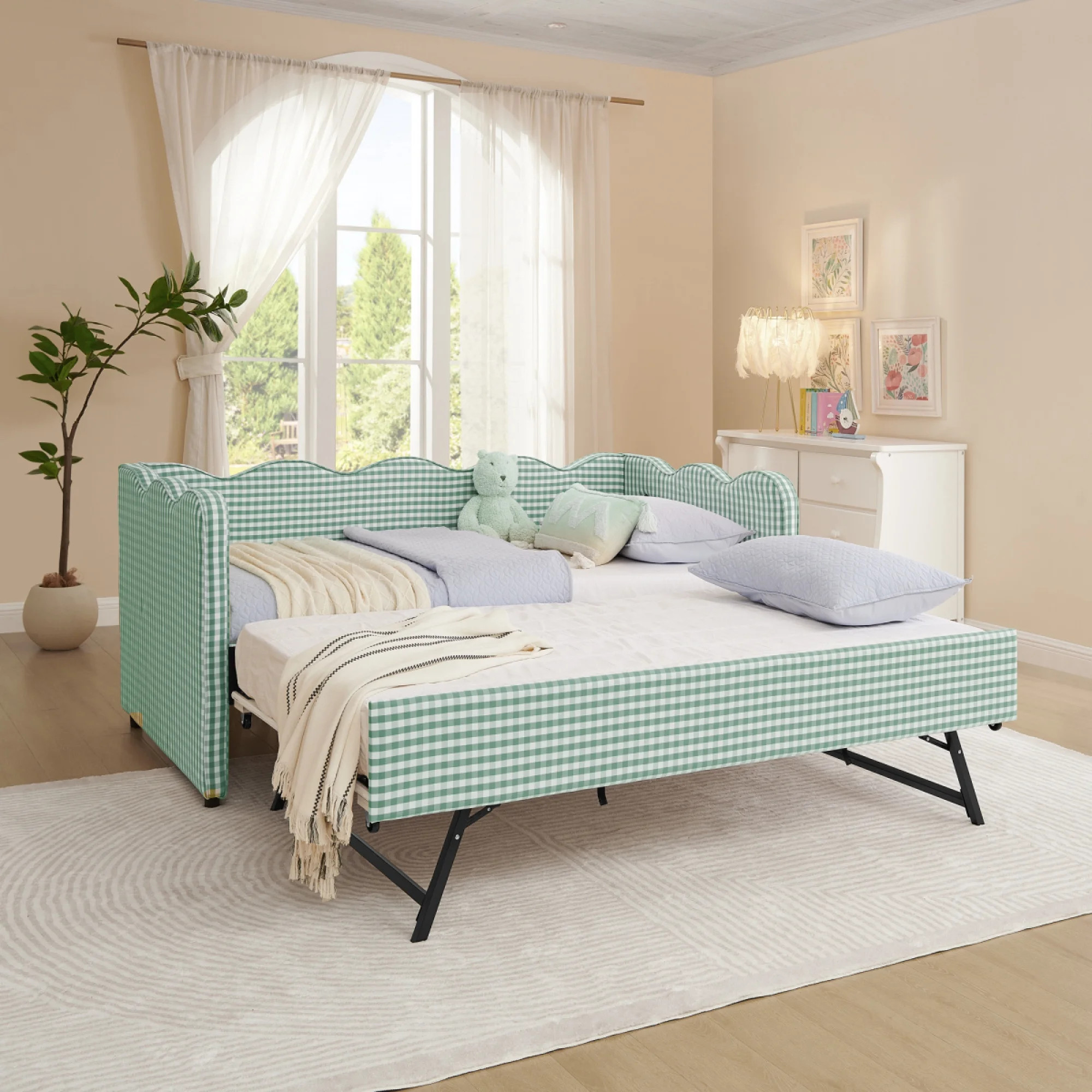 Twin Gingham Daybed with Trundle & USB Port, Linen Fabric Wave Shaped Sofa Bed, No Box Spring Req... | Walmart (US)