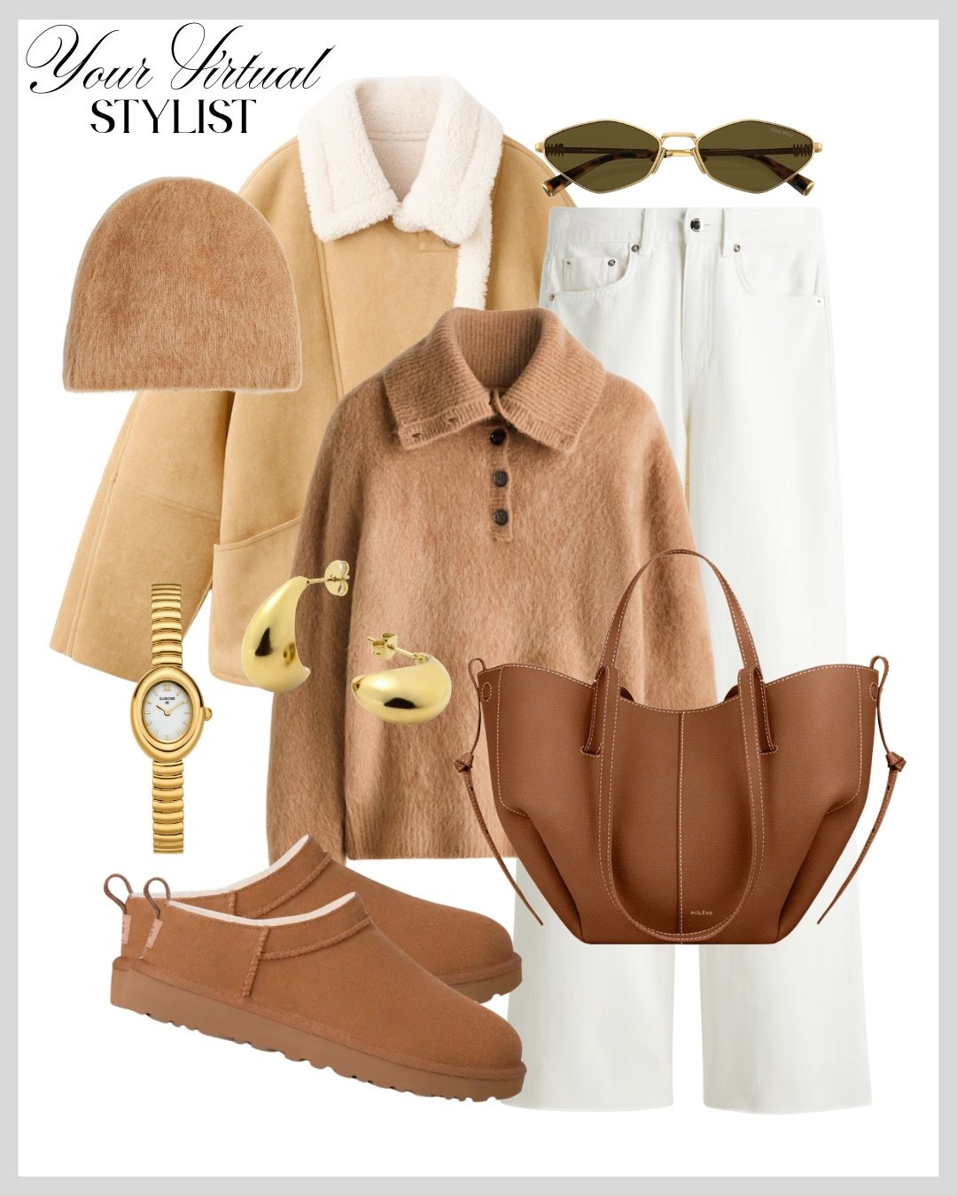 If coziness had a shape, this outfit would be it. Warm caramel tones, a soft polo-neck sweater, plush UGG slip-ons, and a structured leather tote create that effortless chic we all crave🤎
Perfect for winter walks, coffee breaks, and slow, stylish weekends✨

#LTKbag #LTKshoes #LTKwinter
