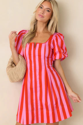 Stripe It Lucky Red & Pink Cotton Puff Sleeve Mini Dress | Red Dress