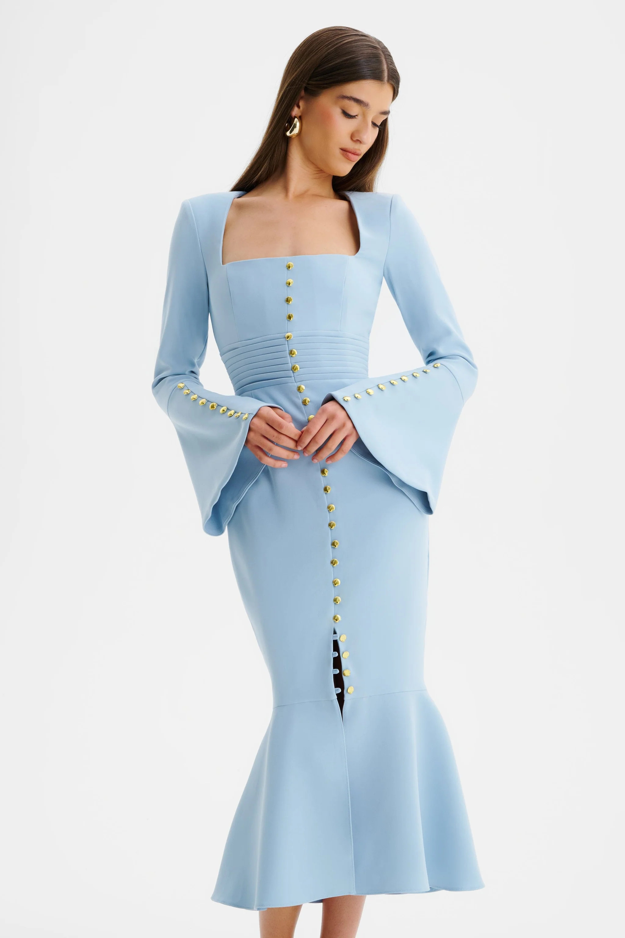 SERENA Fluted Sleeve Micro Shell Button Midi Dress in Light Blue | Lavish Alice Retail Ltd