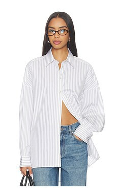 Helmut Lang Placket Cinch Shirt in White & Navy from Revolve.com | Revolve Clothing (Global)