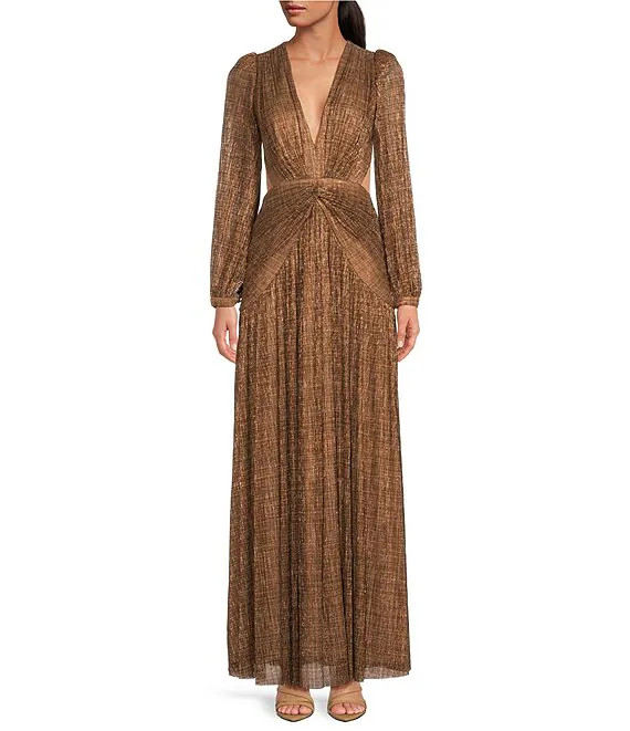 Gianni Bini Hazel Metallic Chiffon V-Neck Long Sleeve Cut Out Dress | Dillard's | Dillard's