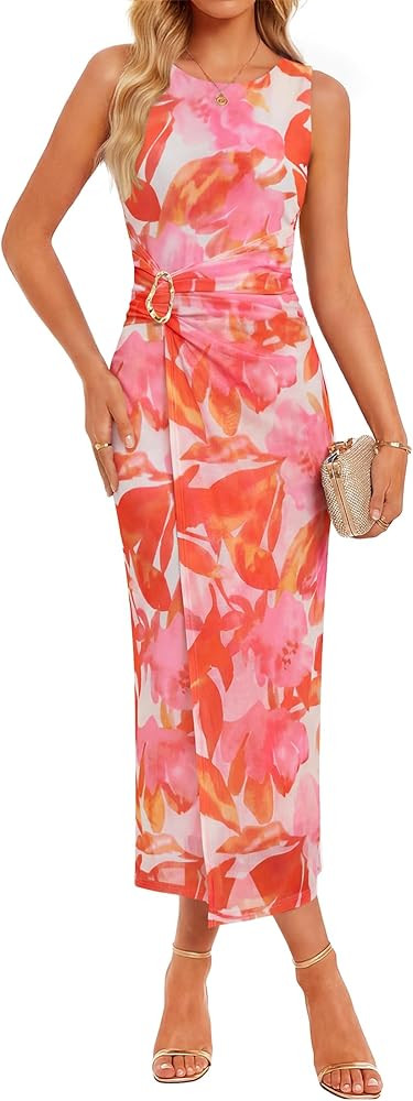 ZESICA Women's 2026 Summer Floral Bodycon Midi Dress Sleeveless Crewneck Mesh Ruched Wedding Gues... | Amazon (US)