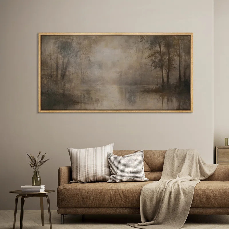 Misty Forest River Scene Framed Canvas Wall Art - Moody Neutral Nature Landscape for Rustic or Tr... | Wayfair North America