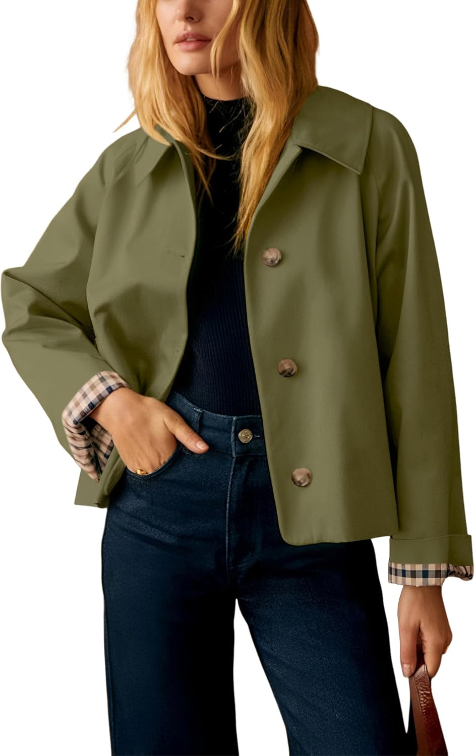 Dqbeng Womens Short Trench Jacket Plaid Lining Button Front Lightweight Classic Casual Outerwear with Pockets | Amazon (US)