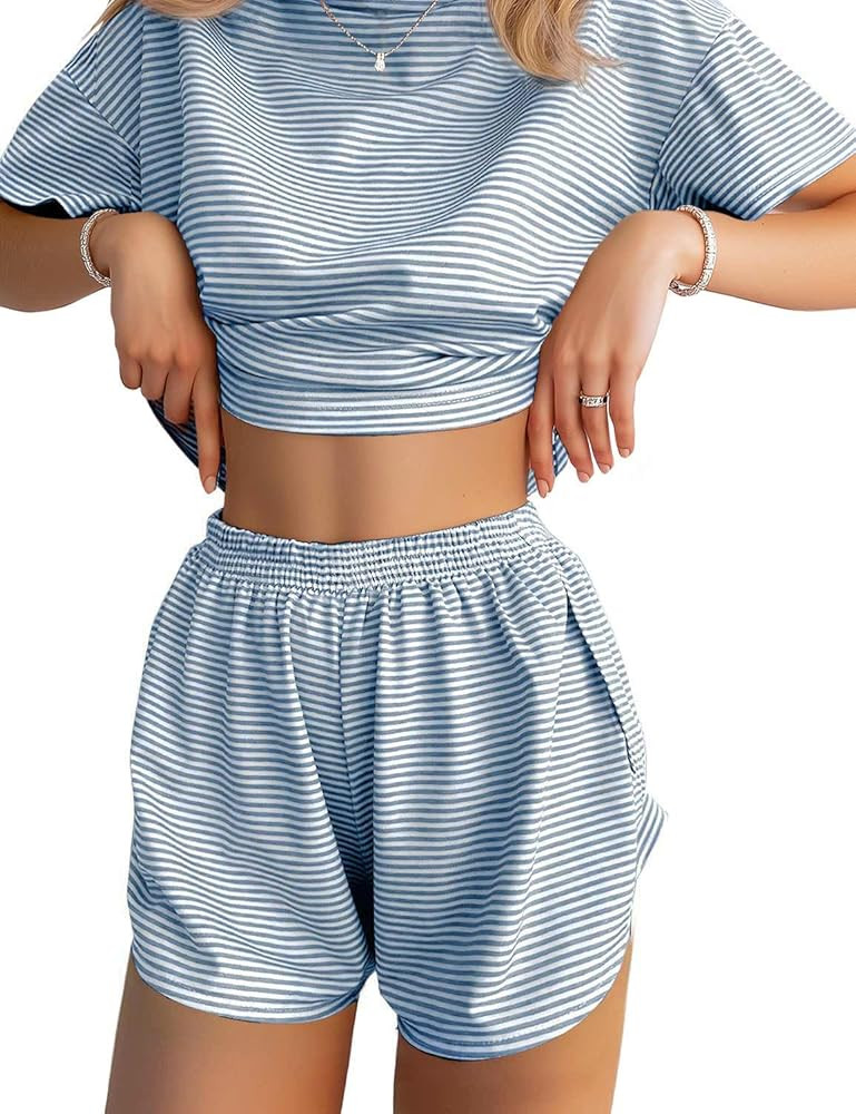 JUSTFASHIONNOW Womens Pajama Sets Shorts Striped Print Two Piece Lounge Sets Crew Neck Sleepwear ... | Amazon (US)