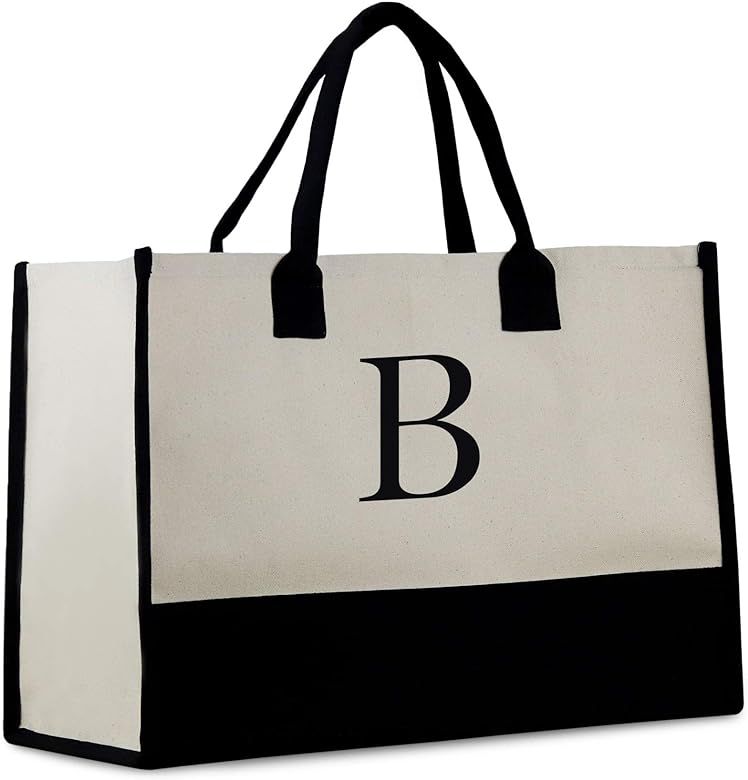 Personalized Gift Monogram Initial 100% Cotton Two Tone Chic Tote Bag with Customize Option - Bla... | Amazon (US)