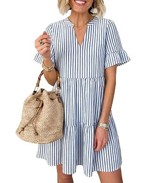 Caracilia Dresses for Women Summer 2026 Striped V Neck Ruffle Sleeve A Line Tiered Flowy Casual M... | Amazon (US)