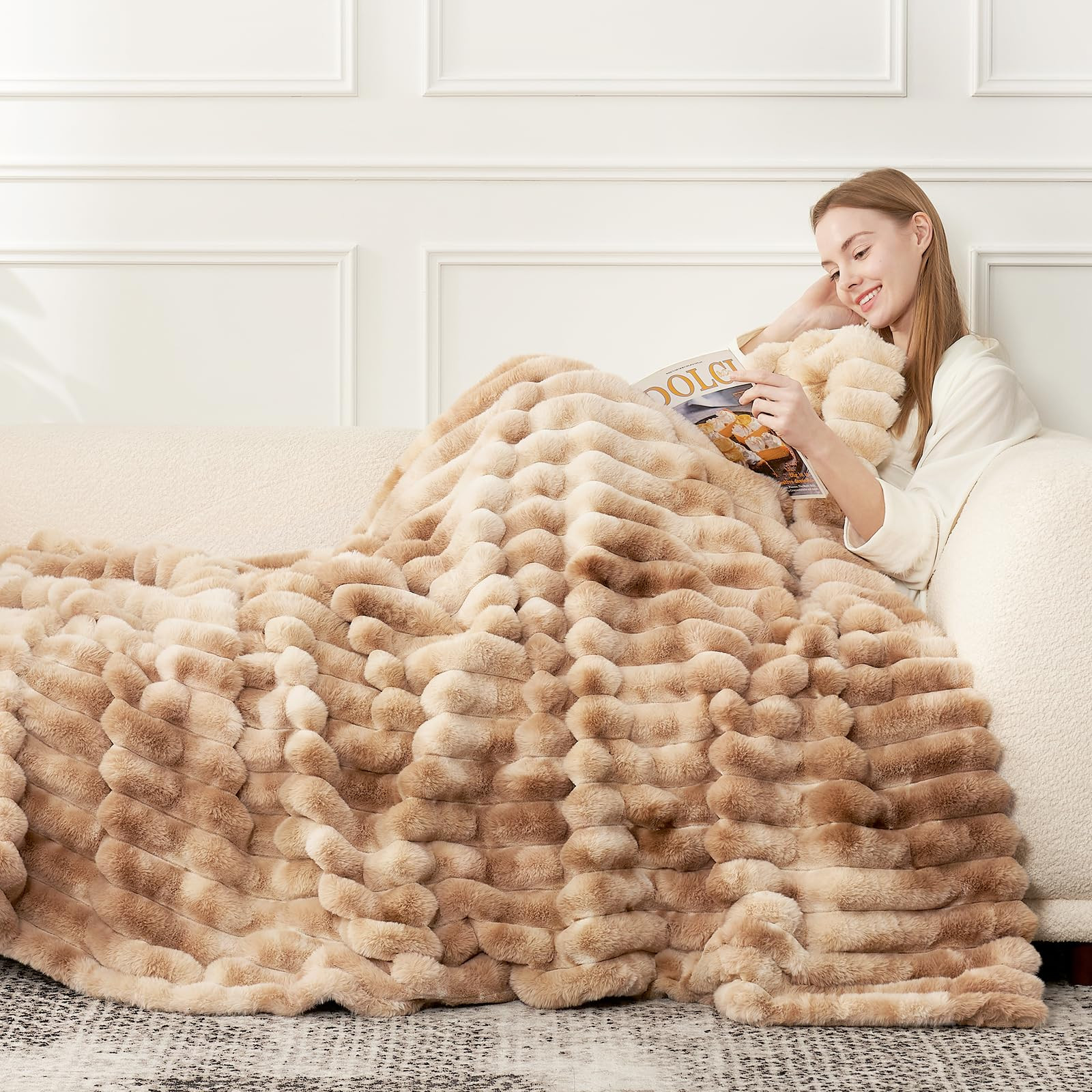 Cozy Bliss Faux Fur Throw Blanket for Couch, Cozy Warm Plush Striped Blanket for Sofa Bedroom Liv... | Amazon (US)