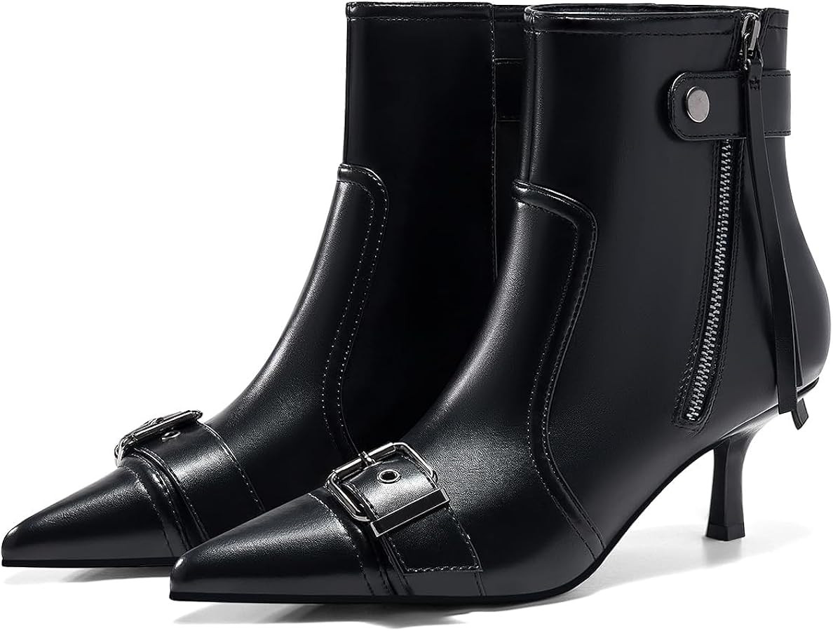 Coutgo Womens Kitten Heel Ankle Boots Pointed Toe Buckle Side Zipper Tassel Fall Winter Booties S... | Amazon (US)