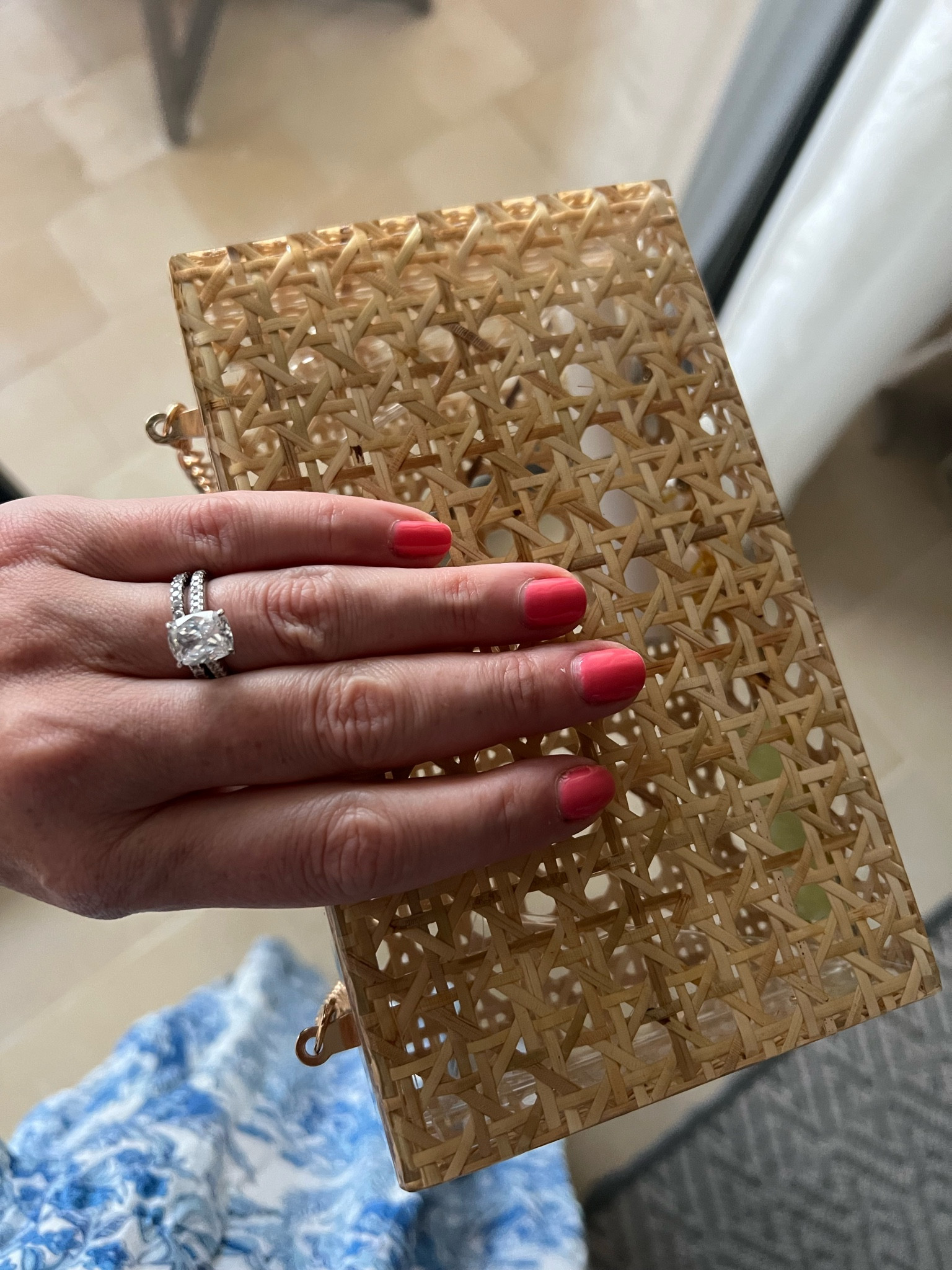 Something I started a few years ago was not traveling with my nice jewelry. I don’t really want to sand and sunscreen my wedding rings and I have no fear over losing anything. Just find a ring closest to your real set as you can and go! 

This cane purse is adorable in real life, fits a cell phone no problem and the chain can be attached or not 