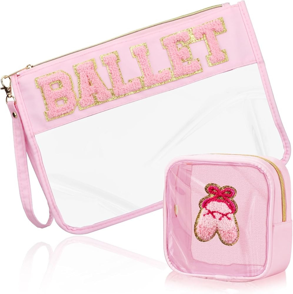 BuyCard 2 Pcs Ballet Gifts Cosmetic Makeup Bag with Chenille Letter Patch, Clear Pouch PVC Organi... | Amazon (US)