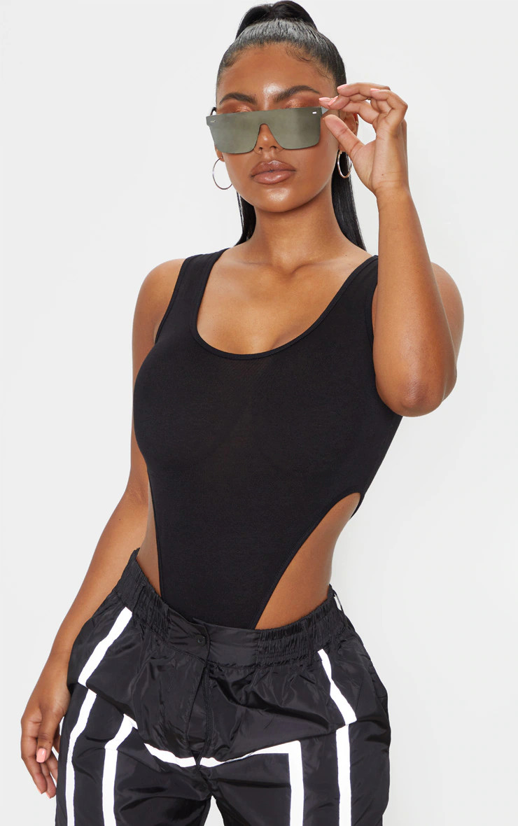Black Scoop Neck High Leg Bodysuit | PrettyLittleThing US