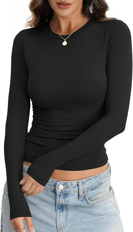 Womens Long Sleeve Shirts Crew Neck Slim Fit Crop Tops Fall Basic Going Out Y2k Fashion Clothes 2... | Amazon (US)