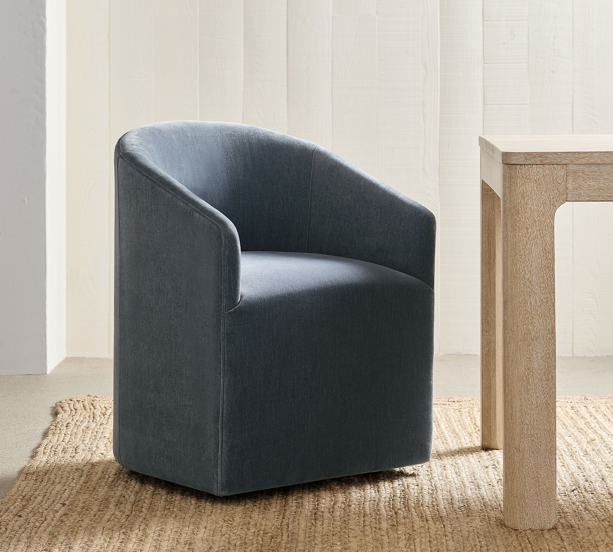 Baldwin Fully Upholstered Barrel Back Dining Armchair Rustic Chenille Vapor | Pottery Barn (US)