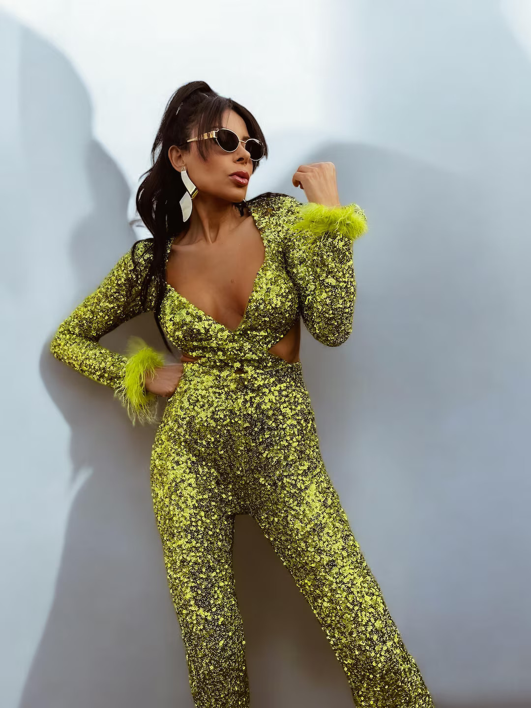 Green Sequin Cut Out Jumpsuit: 70s Disco Cowgirl Costume, Disco Queen Costume, Western Glam Outfi... | Etsy (US)