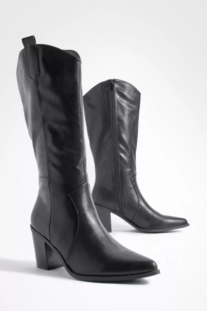 Tab Detail Knee High Western Cowboy Boots | boohoo (US & Canada)