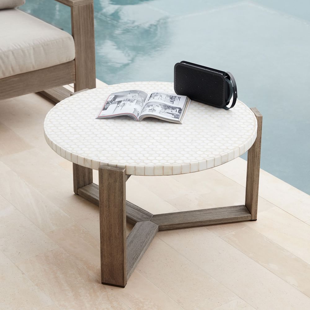 Mosaic Tiled Outdoor Coffee Table - White Marble | West Elm (US)