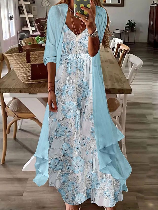 Women's A Line Dress Maxi long Dress Blue Purple Pink Light Blue Half Sleeve Floral Ruched Print ... | Light in the Box