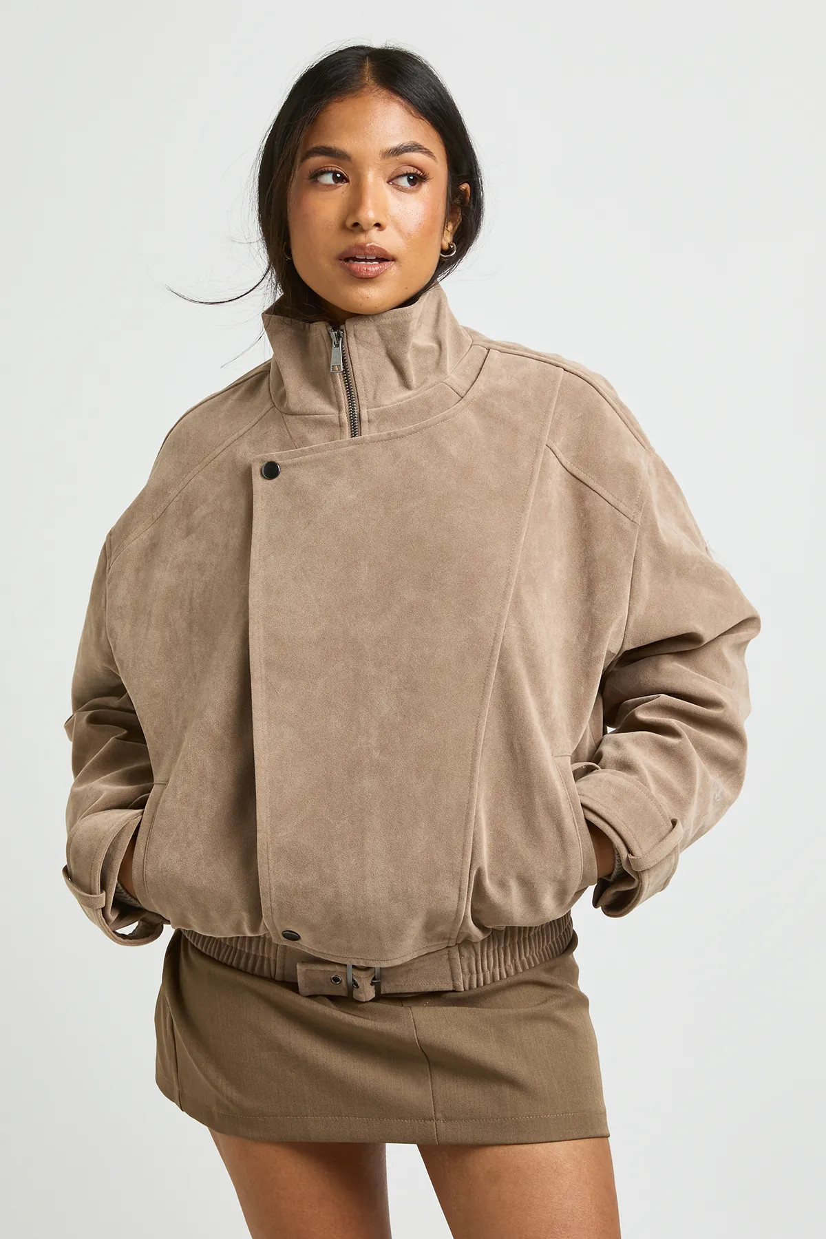 boohoo Women's Petite Faux Suede Funnel Neck Jacket in Stone | Size: 14 | Boohoo.com (UK & IE)