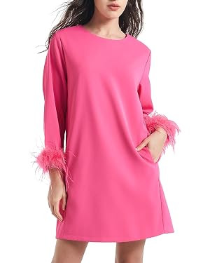 D-Sun Women Feather Dress Round Neck Casual 3/4 Feather Sleeves Party Dress Elegant Wedding Guest... | Amazon (US)