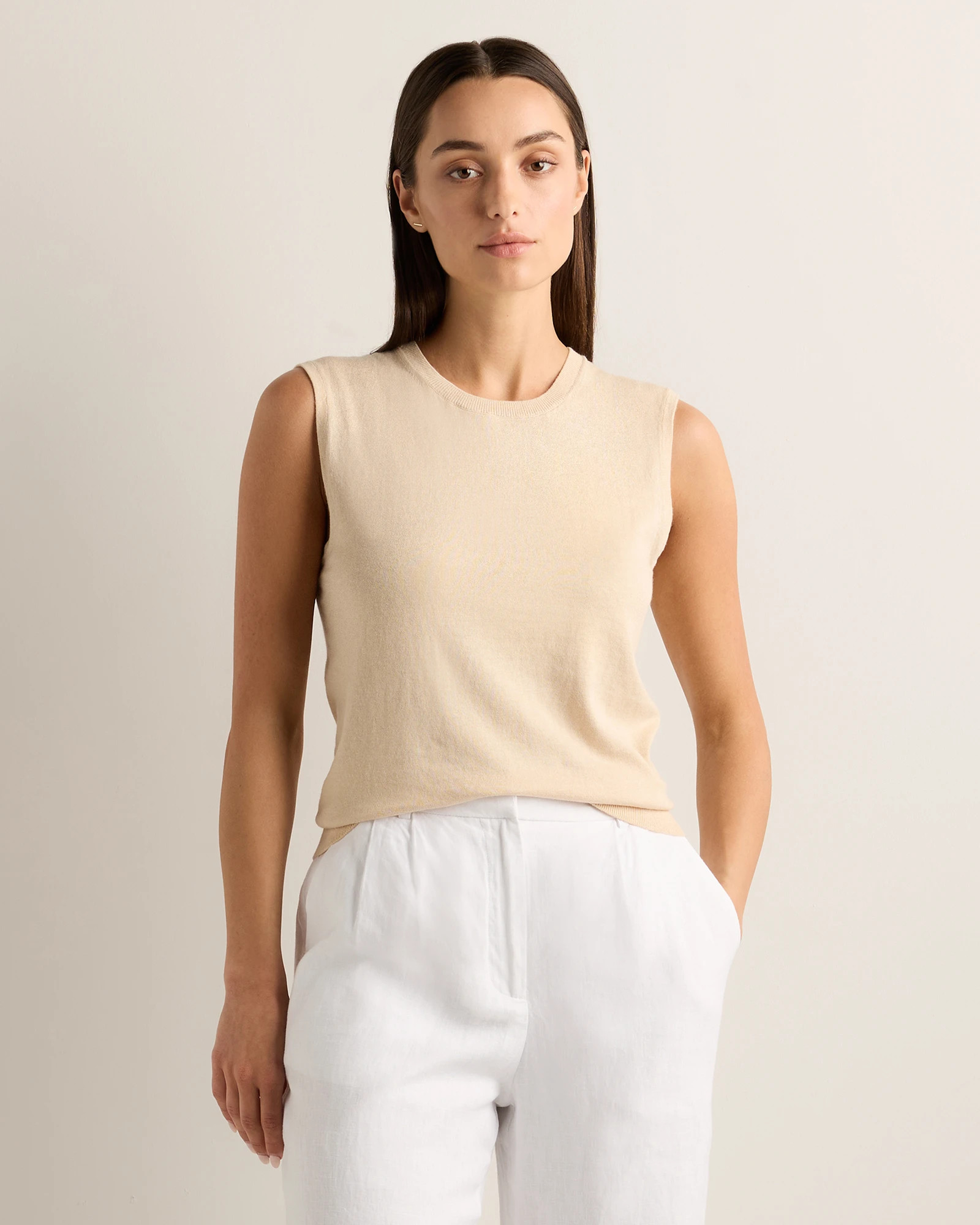 Quince | Women's Lightweight Cotton Cashmere Sweater Tank Top in Heather Oatmeal, Size Large | Quince