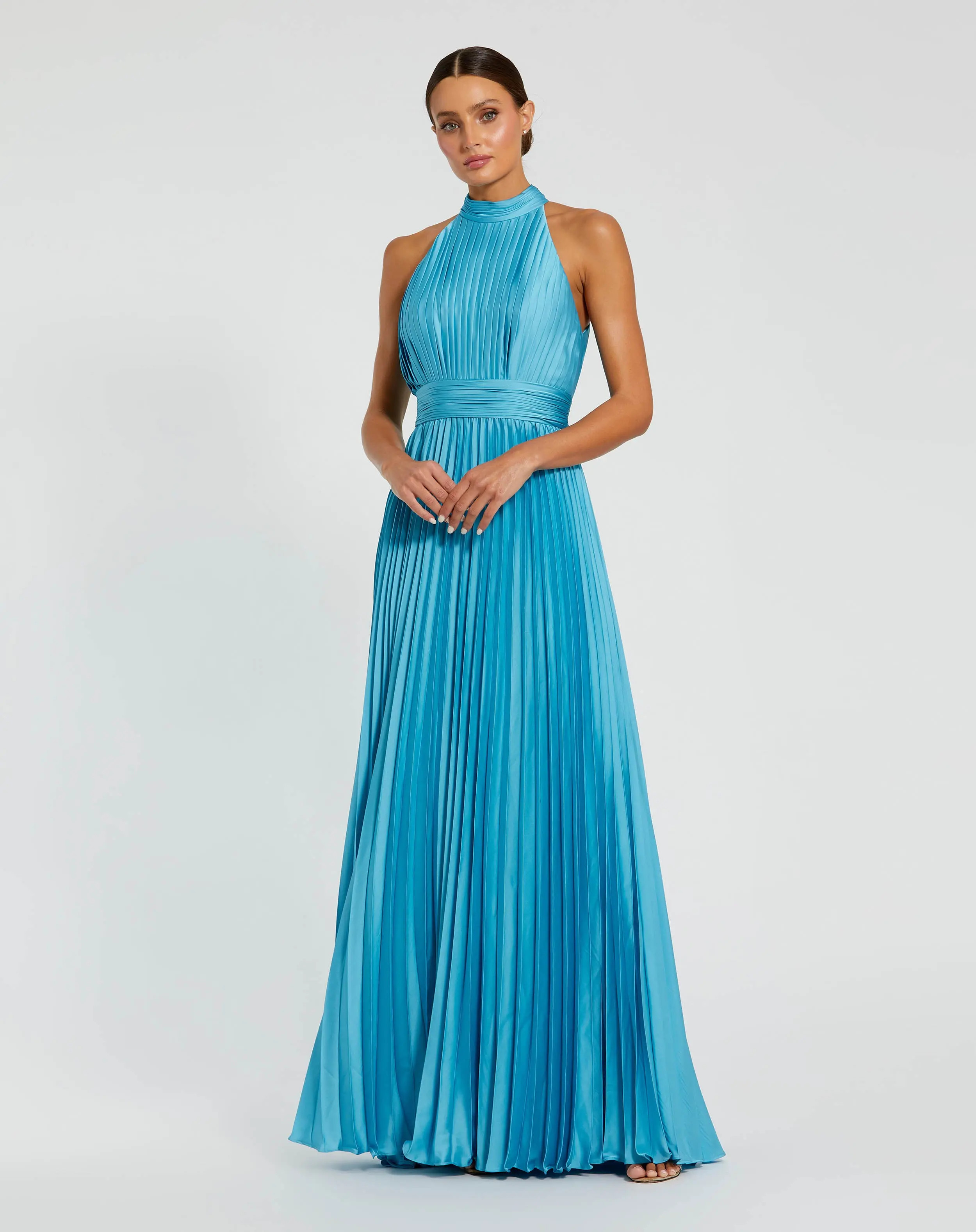 Blue Sleeveless Halter Neck Pleated Satin Gown | Mac Duggal | Mac Duggal