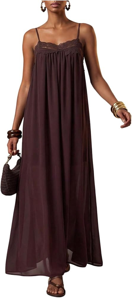 SOLY HUX Women's Summer Maxi Dress Lace Trim Spaghetti Strap Flowy Dresses | Amazon (US)