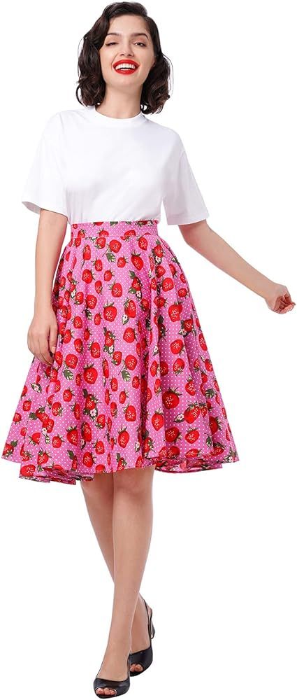 Women Vintage A Line Midi Skirt Floral Berry Cherry Print Pleated Skirts 50s Polka Dot Swing Skir... | Amazon (US)