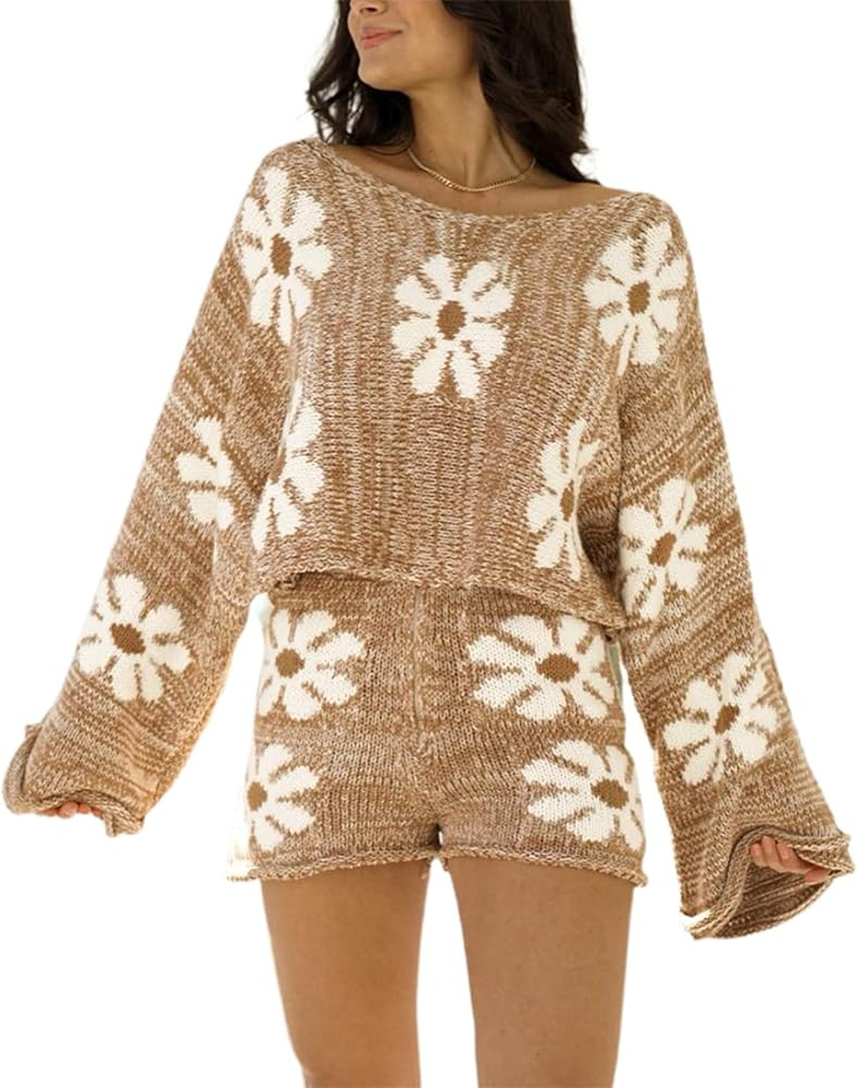 Women 2 Piece Sweater Set Off Shoulder Floral Knit Pullover Top and Zipper Knitted Shorts Suit Sp... | Amazon (US)