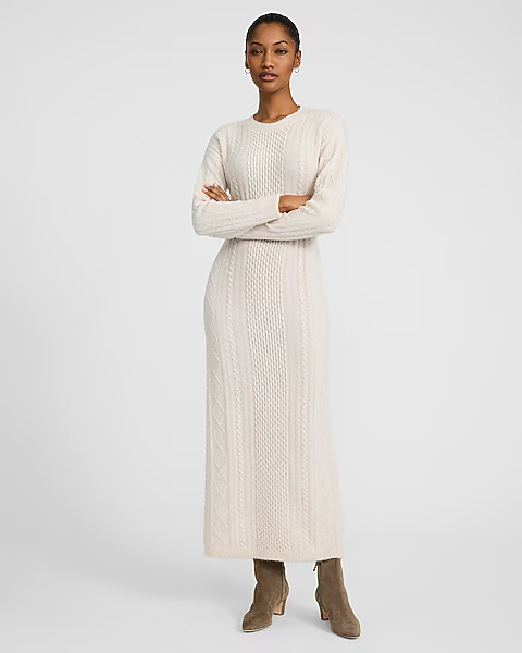 Cable Knit Crew Neck Long Sleeve Maxi Sweater Dress | Express