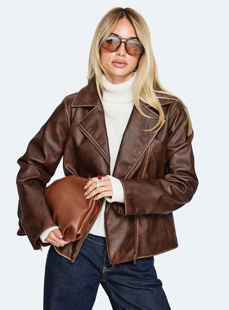 Vyolette Faux Leather Collared Jacket Washed Brown | Princess Polly US