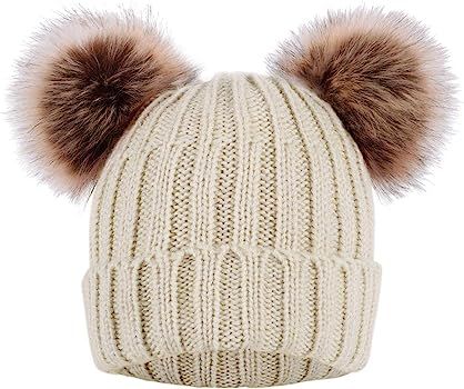 Cable Knit Beanie with Faux Fur Pompom Ears | Amazon (US)