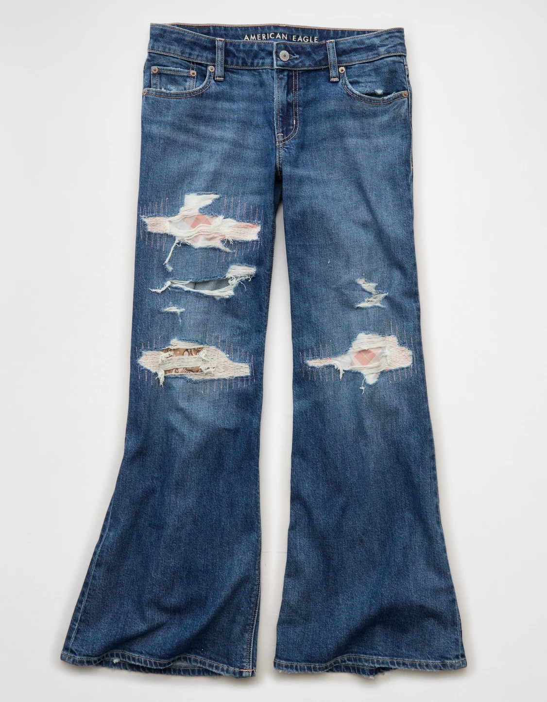 AE x Stagecoach Dreamy Drape Stretch Super Low-Rise Baggy Flare Jean | American Eagle Outfitters (US & CA)