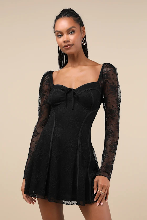 Flirty Adoration Black Lace Long Sleeve Mini Dress Fall Cocktail Dress Fall Dress 2024 Fall 2024 | Lulus