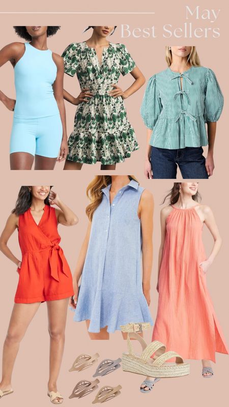 Summer wardrobe staples round out last month's favorites! Cute front tie top, great summer per, a few dresses for almost each occasion, a solid tank top option mixed in with my go to hair clips and recent Amazon wedge sandal find!

#LTKFindsUnder50 #LTKSeasonal #LTKShoeCrush