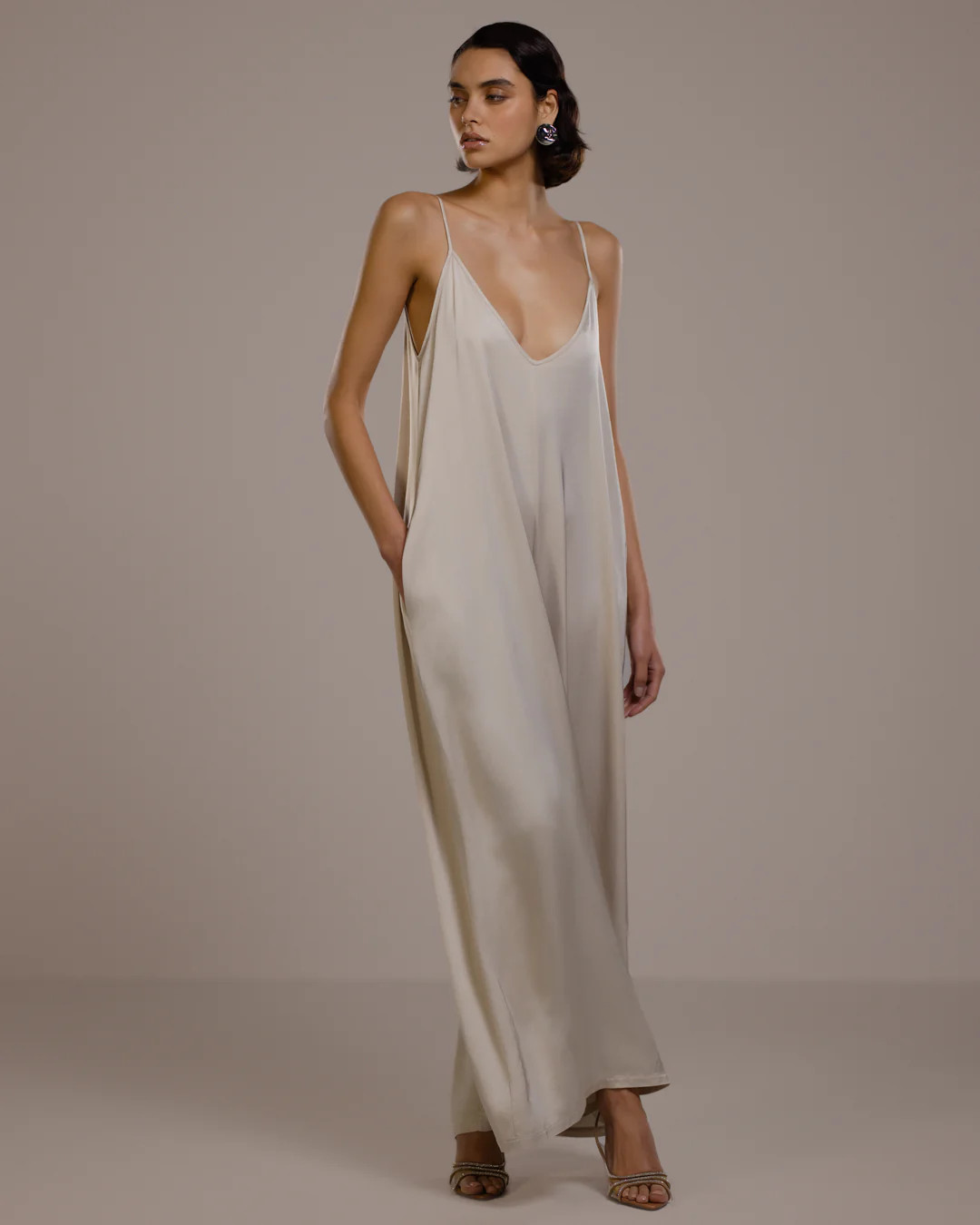 Audrey Satin Jumpsuit | Light Beige | JAKI