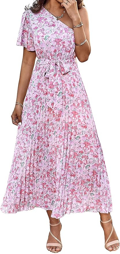 MASCOMODA Women One Shoulder Pleated Maxi Dress Summer Floral Boho Dress Short Sleeve Tie Waist A... | Amazon (US)