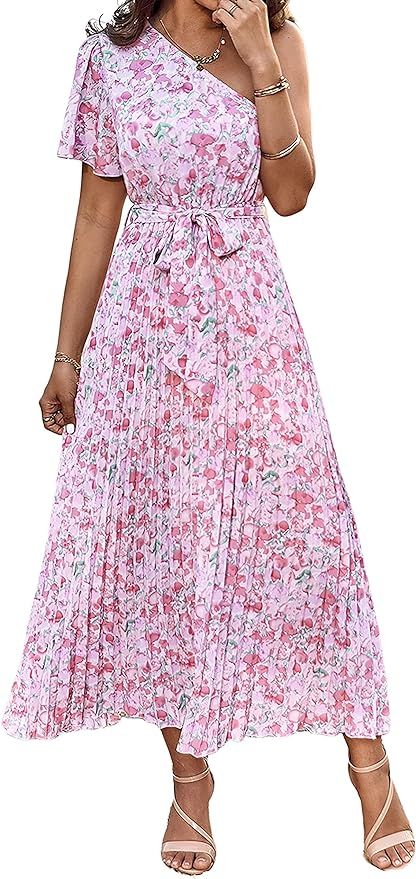 MASCOMODA Women One Shoulder Pleated Maxi Dress Summer Floral Boho Dress Short Sleeve Tie Waist A... | Amazon (US)