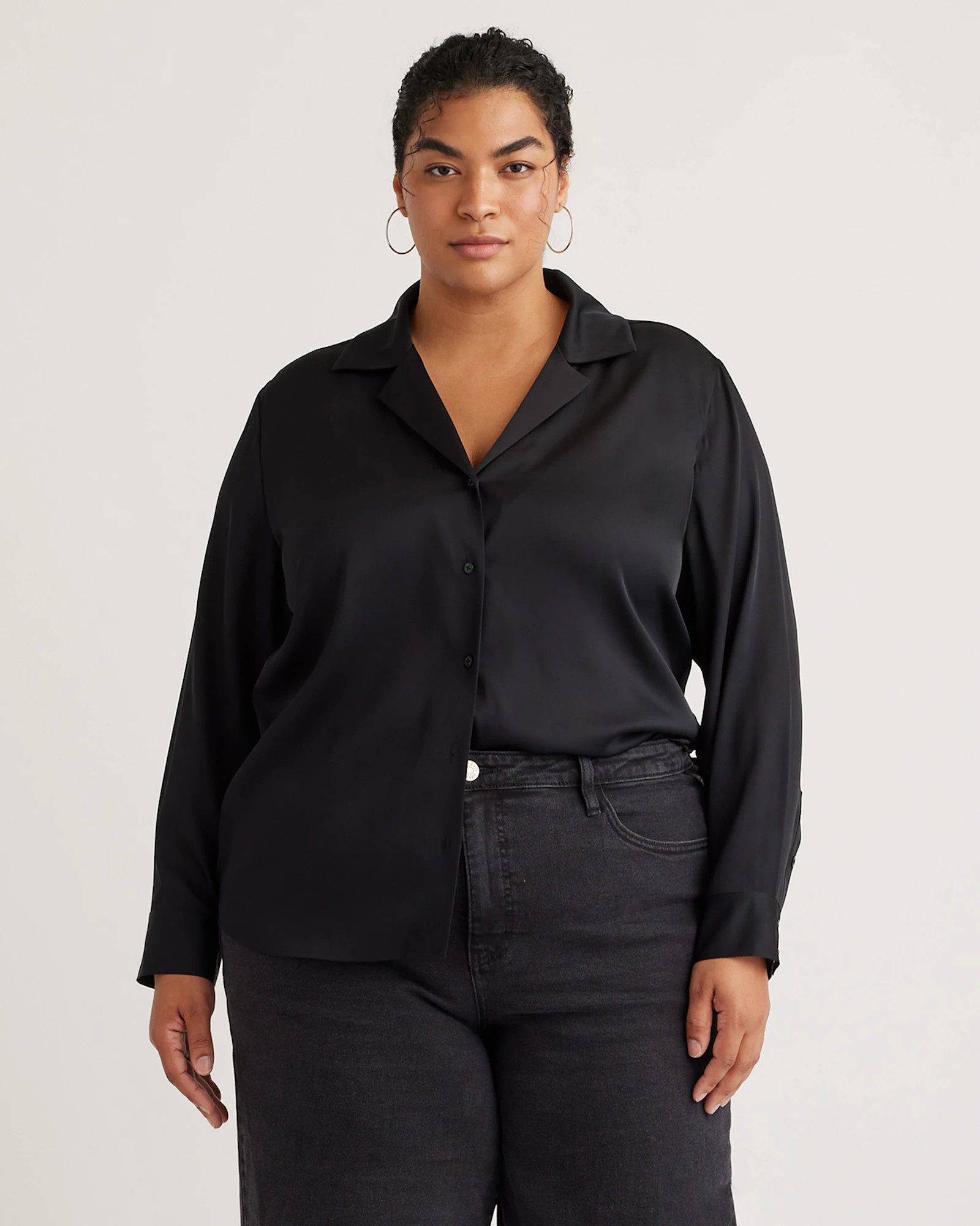 Quince | Women's Washable Stretch Silk Notch Collar Blouse in Forest Green, Size 1X | Quince