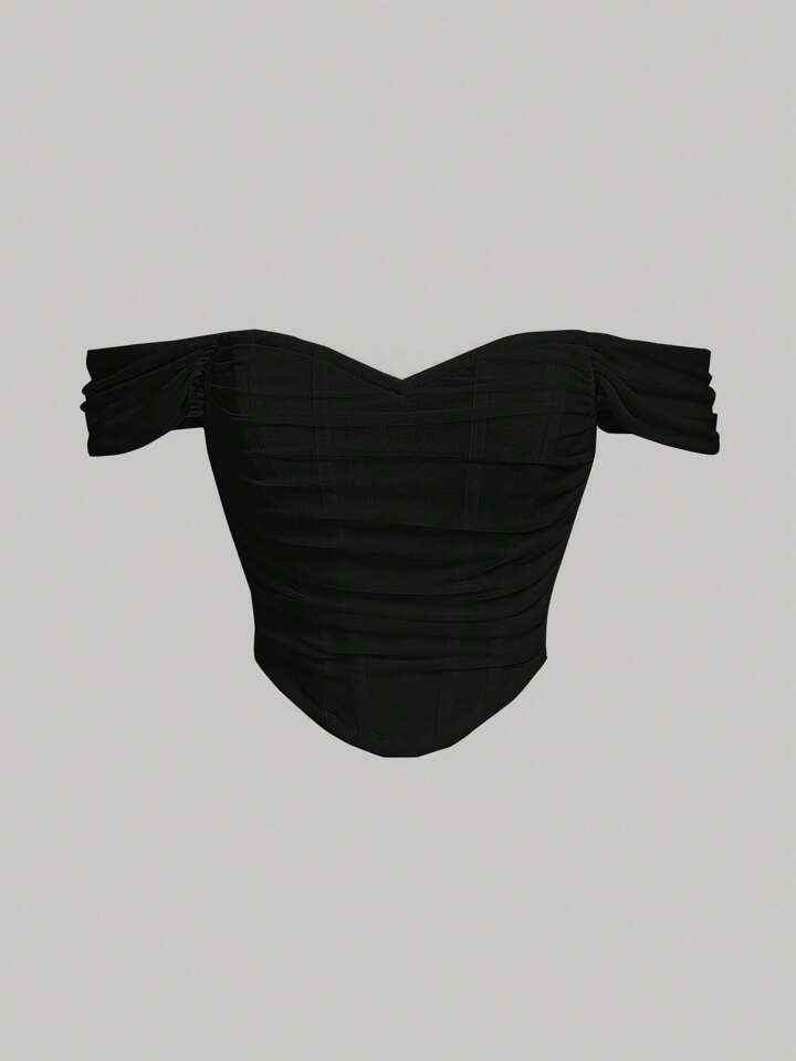 SHEIN MOD Off Shoulder Ruched Asymmetrical Hem Ruched Waist Fish Bone Decoration Black Crop Top | SHEIN