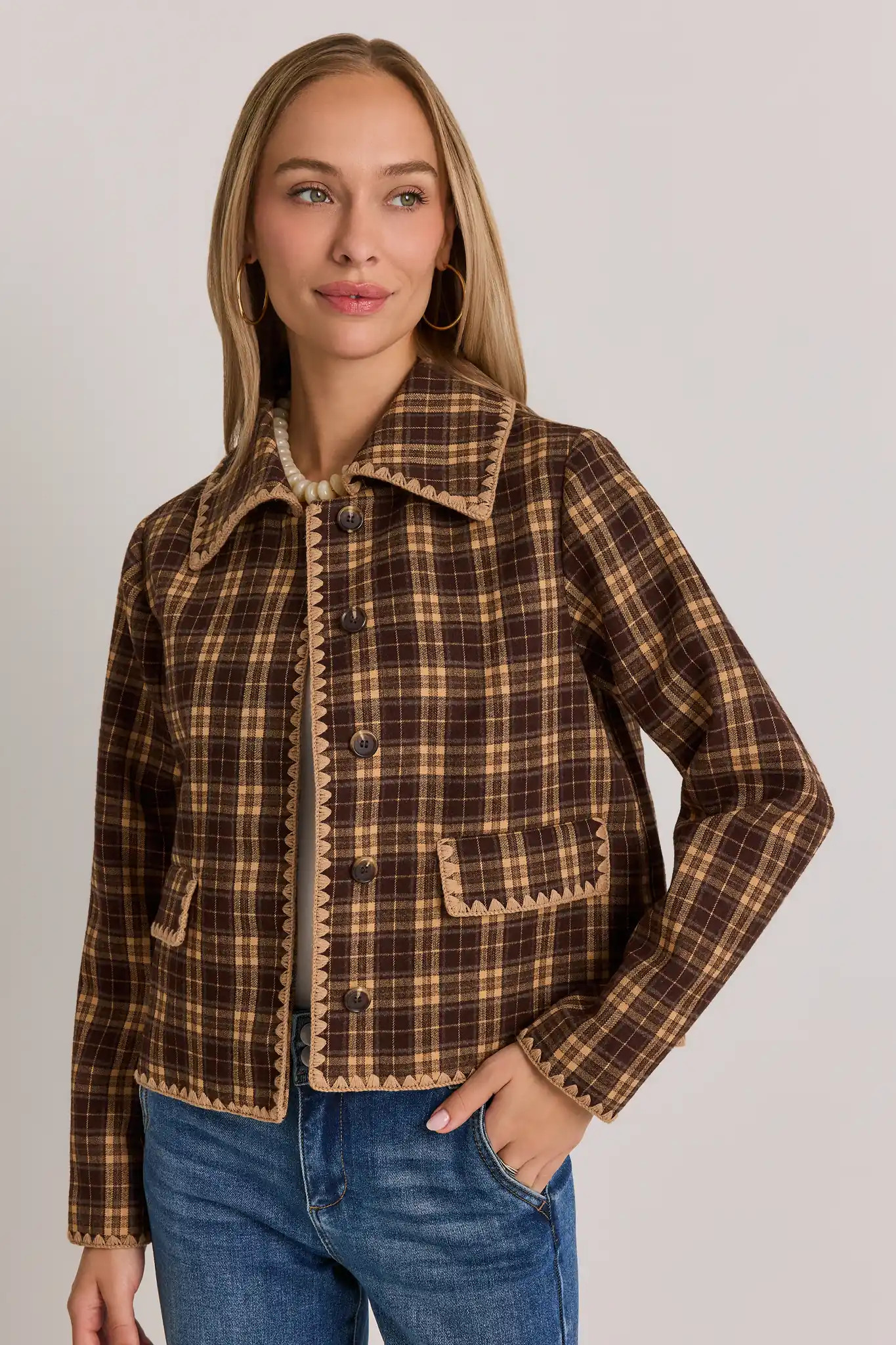 Brown Plaid Embroidered Trim Jacket | Avara