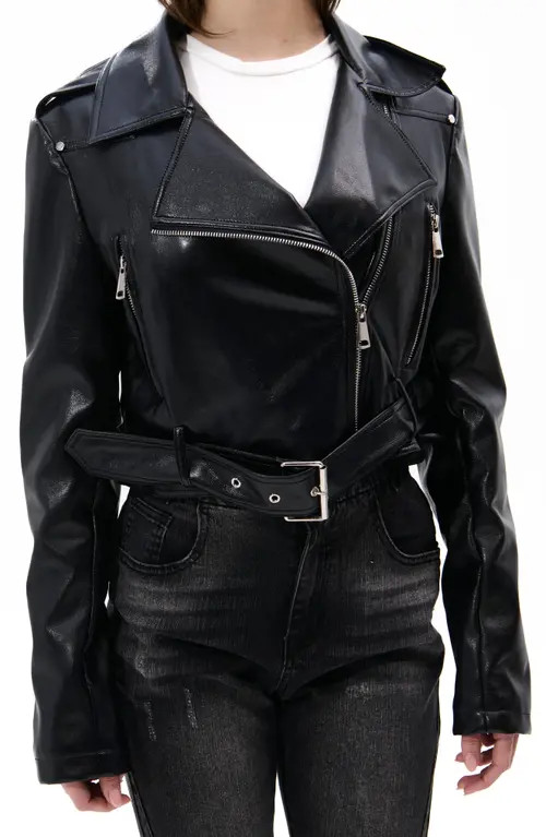 AZALEA WANG Faux Leather Crop Moto Jacket in Black at Nordstrom, Size Large | Nordstrom
