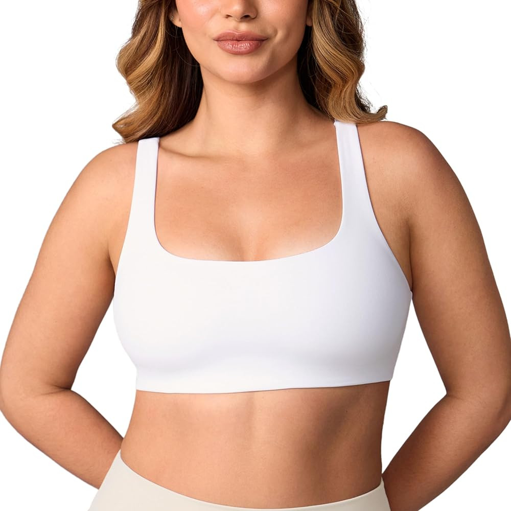 Hugcurve Double Lined No Padding Sports Bra Scoop Neck Cross Back Convertible Wireless Yoga Worko... | Amazon (US)