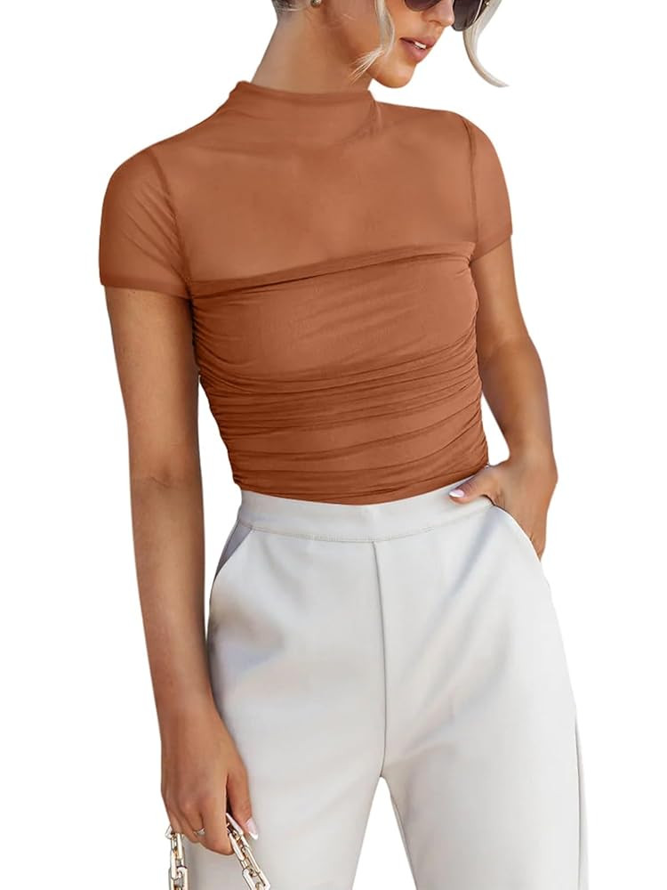 REORIA Women's Sexy Mock Turtle Neck Short Sleeve Shirts Sheer Mesh Ruched Trendy Going Out Bodys... | Amazon (US)