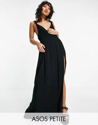 ASOS DESIGN petite recycled knot strap maxi beach dress in black | ASOS (Global)