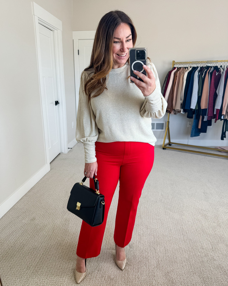Dressy Holiday outfit with shimmer Top 

Red Pants size up, XL use code RYANNEXSPANX // top tts, L 

Holiday outfit, holiday party outfit, jeans, thanksgiving outfit

#LTKHoliday #LTKMidsize #LTKSeasonal
