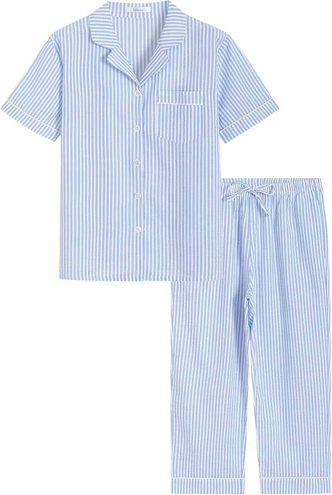 Latuza Women's Seersucker Capri Pajama Set Cotton Button Up Top Capris Pj Set | Amazon (US)